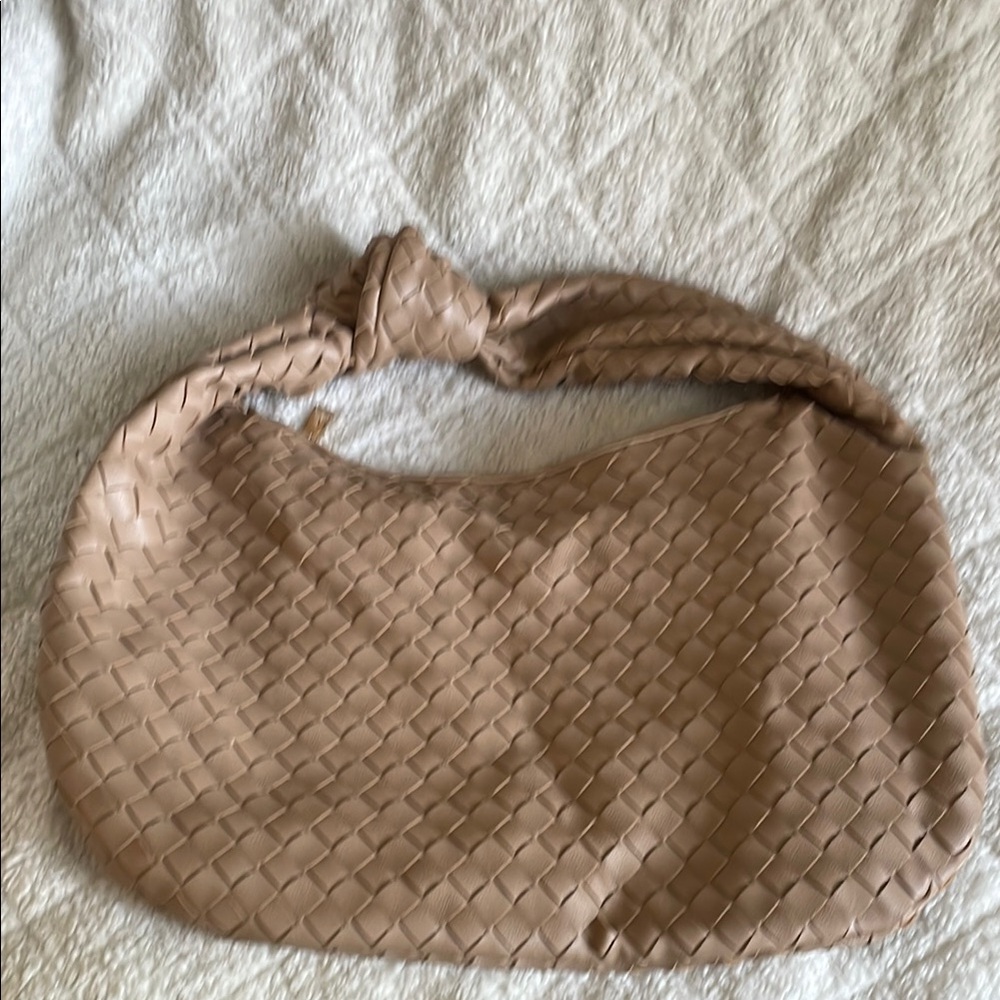 Tan Hobo Bag with Textured Fabric and Braided Handles